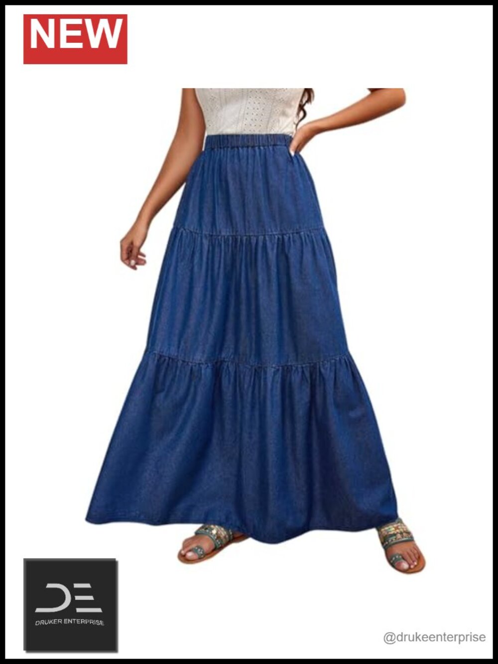 High Waisted Tiered Ruffle Long Jean Skirt Plus Size Boho A Line Maxi